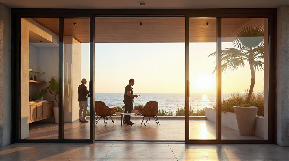 largest sliding glass door open to a Florida coastal luxury home at sunset