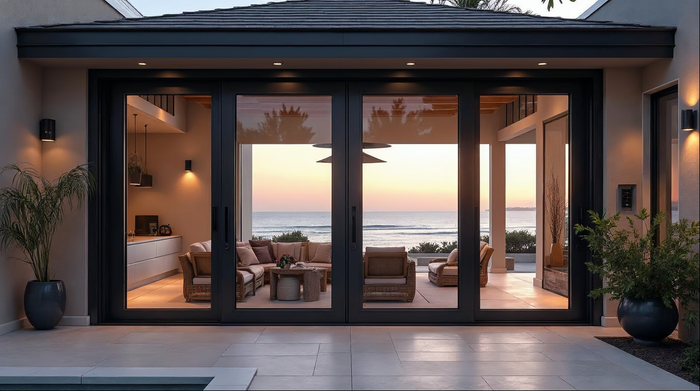 Matte black aluminum bi-fold doors fully open on a Florida luxury home at dusk
