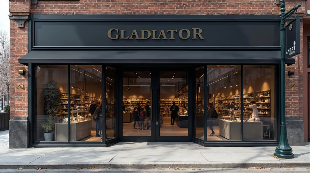 matte black aluminum commercial storefront door hardware on a double-entry system with sidelites