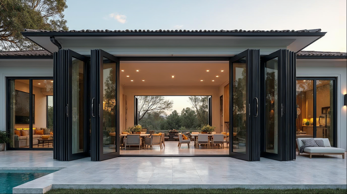 Matte black aluminum bi-fold door system on a Florida luxury home — NanaWall vs Marvin alternative