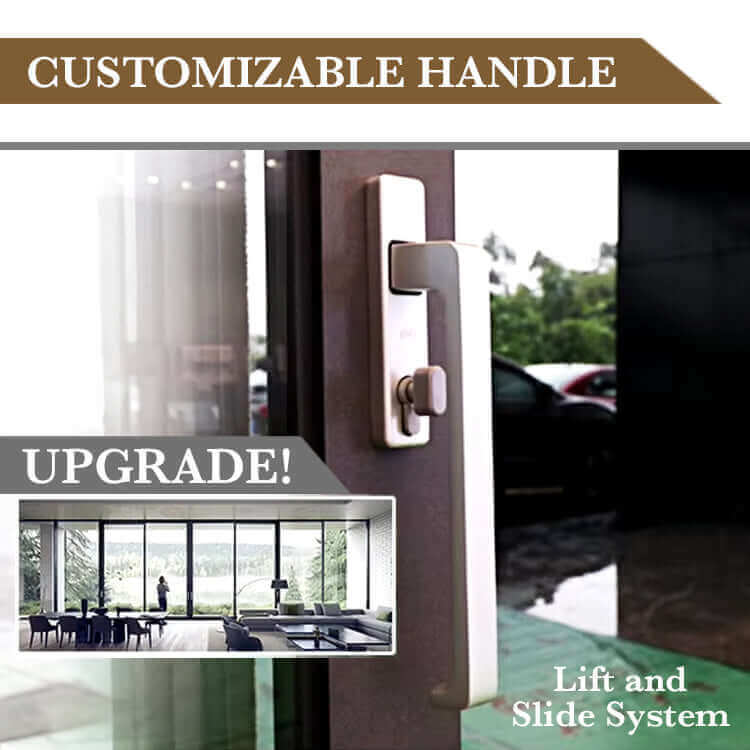 Customizable handle for lift and slide system on modern bi-fold sliding door with panoramic view.