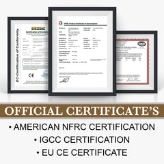 Certificates showcasing American NFRC, IGCC, and EU CE certifications for quality assurance.