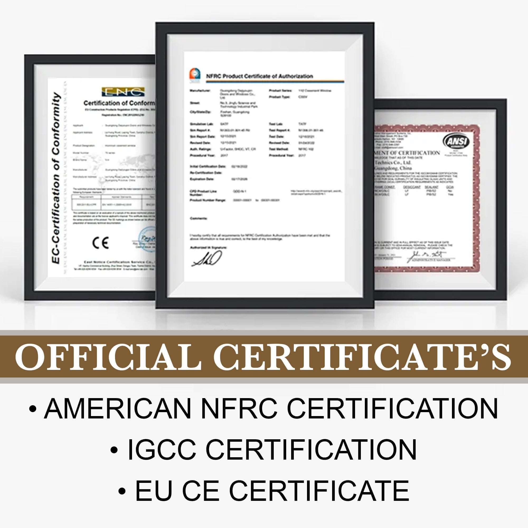 Official certifications for thermal break aluminum sliding glass doors, including NFRC, IGCC, and EU CE certifications.