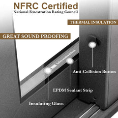 Close-up of NFRC certified Panoramic Folding Door features: thermal insulation, sound proofing, anti-collision button, and EPDM seal.