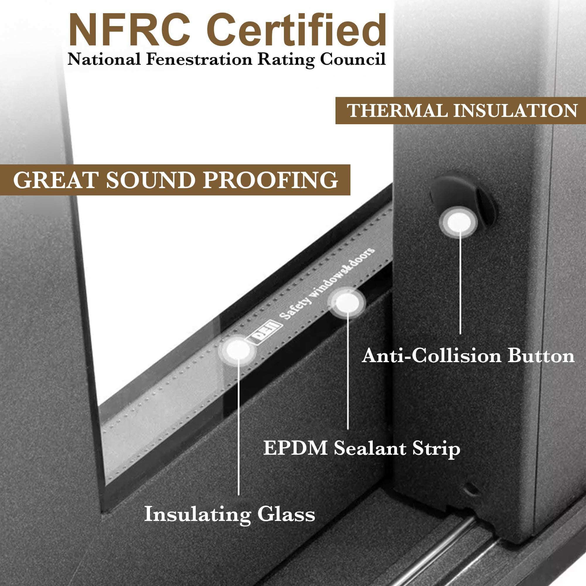 NFRC Certified window features including thermal insulation, sound proofing, anti-collision button, and EPDM seal.