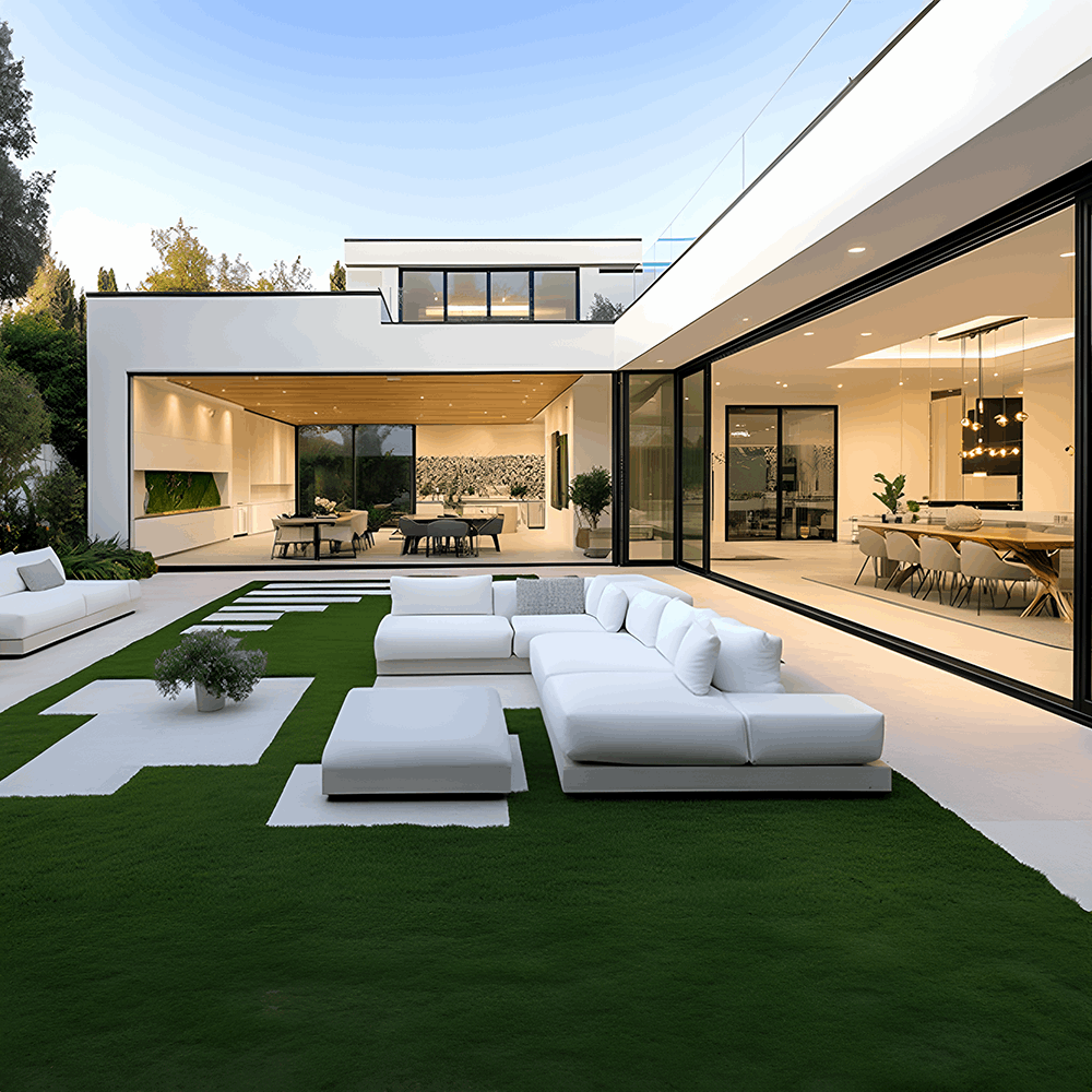 Modern outdoor living space with panoramic bi-fold doors leading to a stylish interior.