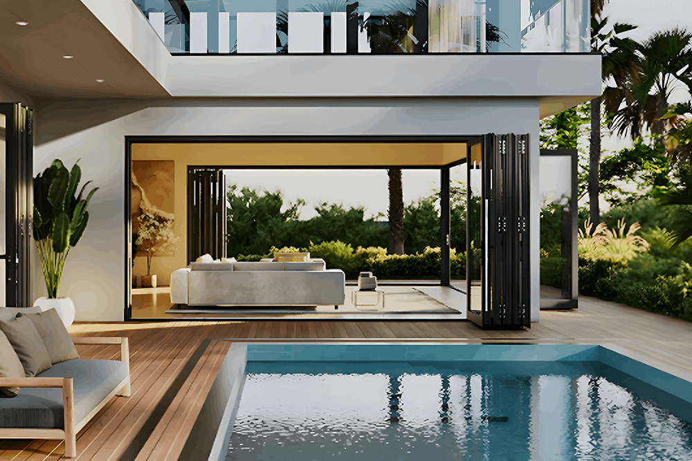 16-foot wide bi-fold panoramic sliding door opening to a landscaped patio with pool and modern furnishings.