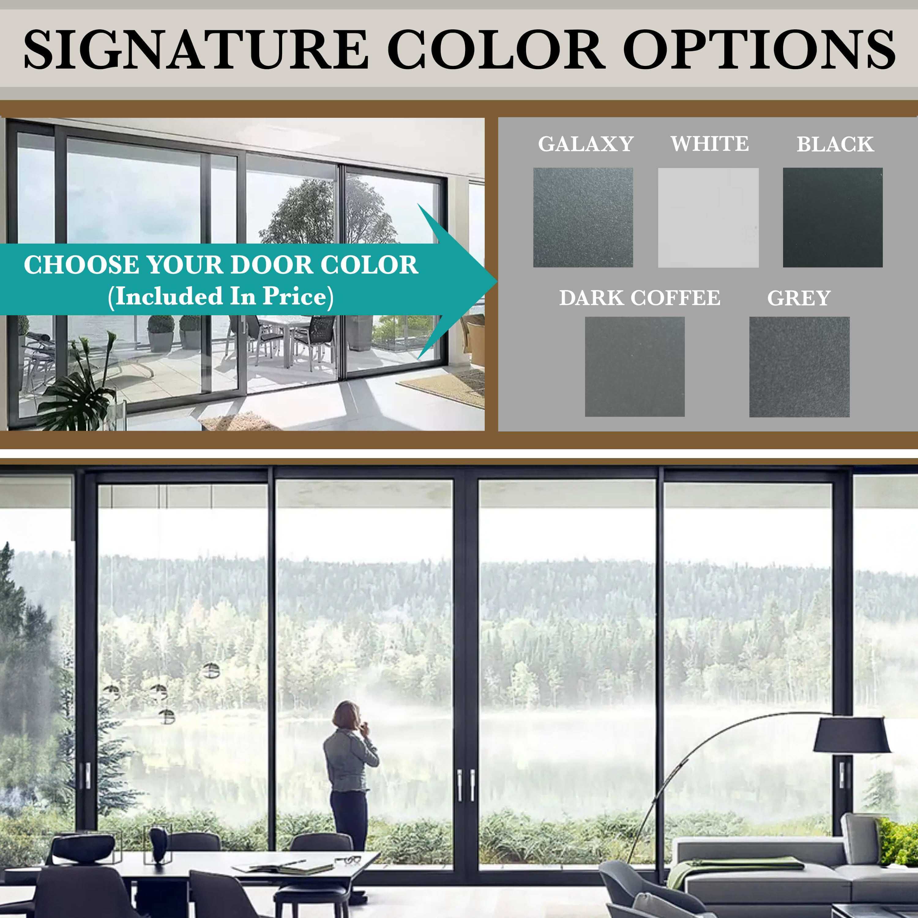 Signature color options for 16' wide bi-fold panoramic door: Galaxy, White, Black, Dark Coffee, Grey.