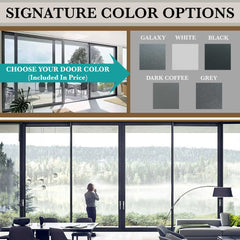 Signature color options for 16' wide bi-fold panoramic door: Galaxy, White, Black, Dark Coffee, Grey.