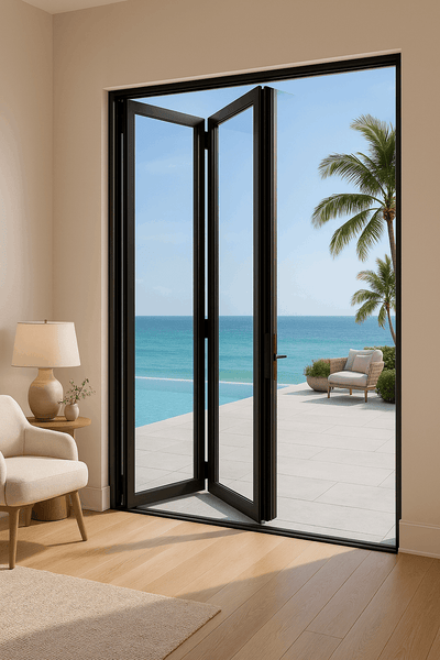 Stylish 6-foot bi-fold panoramic door opening to a scenic ocean view, perfect for modern homes and commercial spaces.