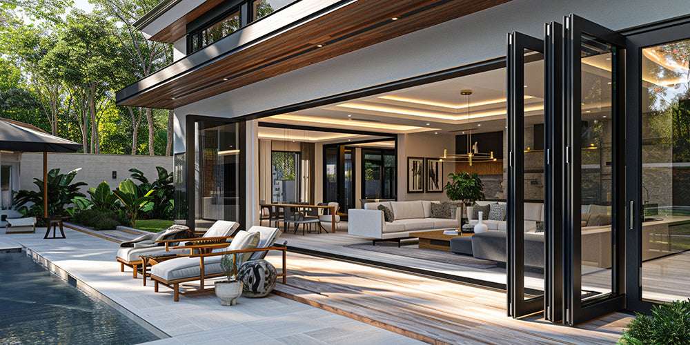 14-foot wide bi-fold panoramic folding glass door, blending indoor and outdoor spaces in a modern home.