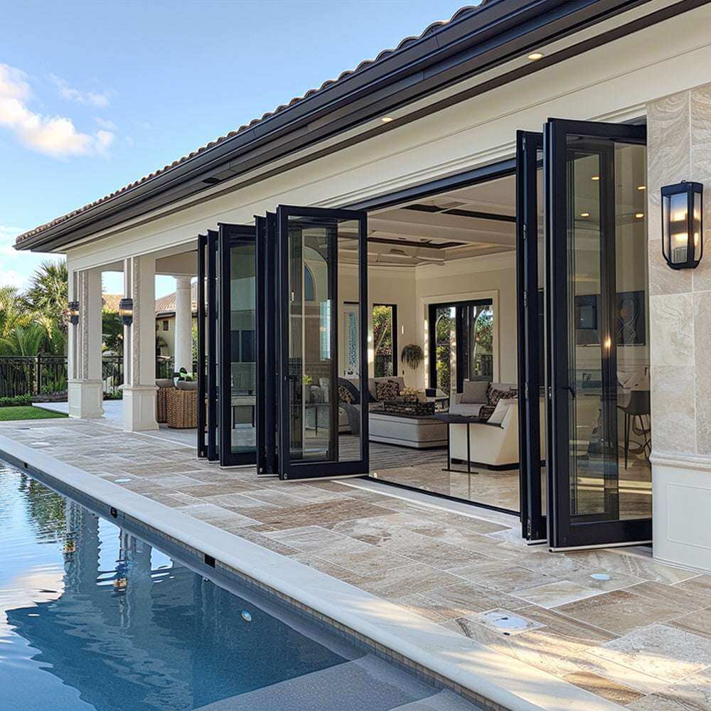 Elegant 18-foot bi-fold panoramic door opening to a luxurious patio by the pool, enhancing outdoor living spaces.