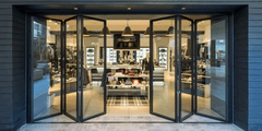 Stylish 16-foot wide bi-fold panoramic door opening to a modern retail store showcasing various products.