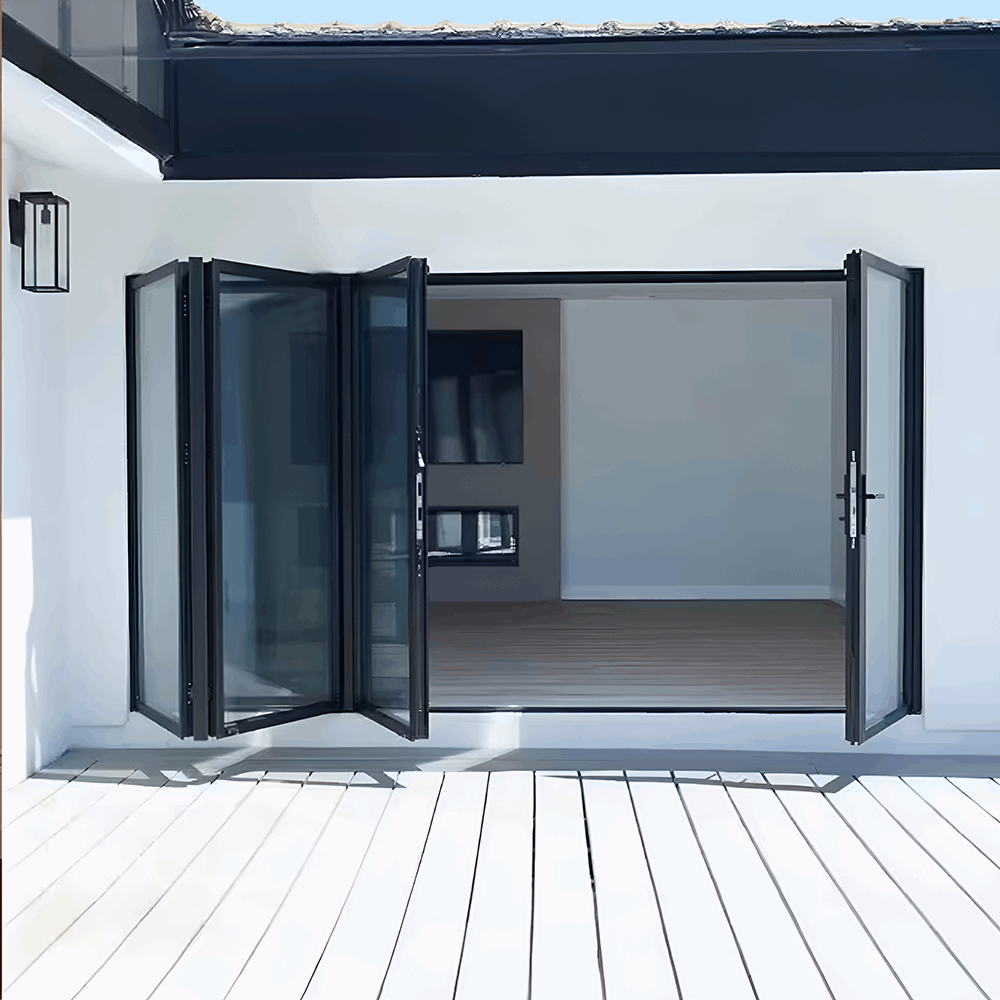 10-foot wide bi-fold panoramic door open to a modern interior, showcasing sleek design and functionality