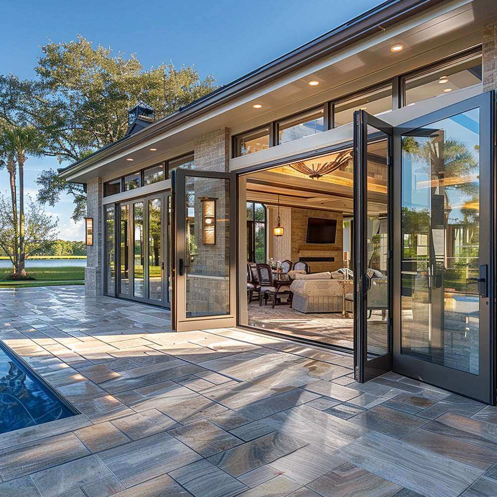 30 foot wide bi-fold panoramic folding doors opening to a modern patio space with pool and scenic views.