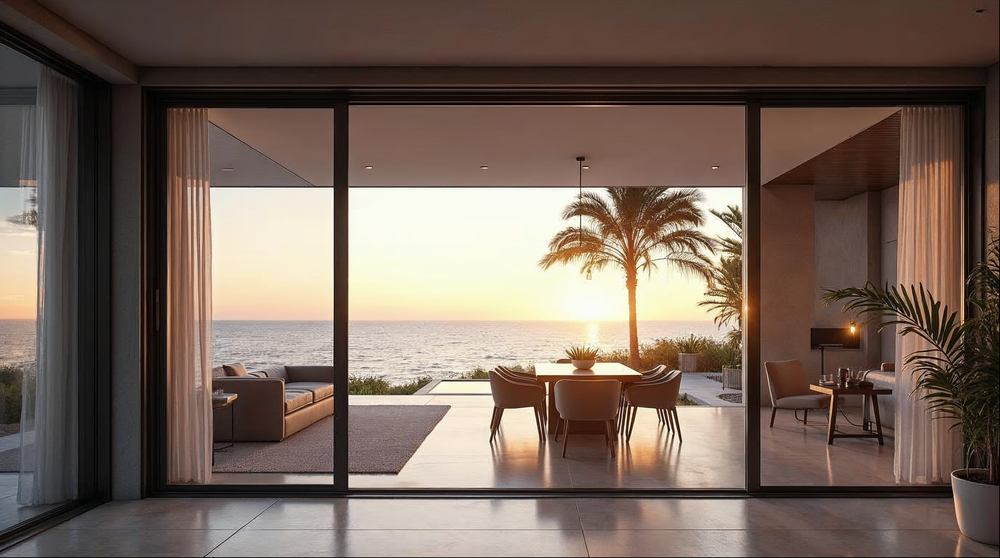 Sliding glass door pros and cons — wide aluminum multi-slide door open to a coastal Florida backyard