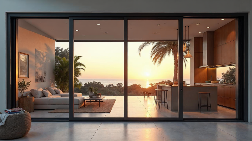 wholesale door suppliers for contractors — matte black aluminum sliding glass door on Florida luxury home