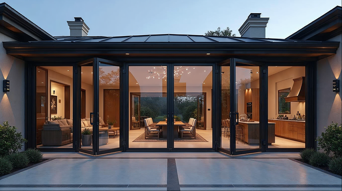 Gladiator aluminum bi-fold door open to outdoor living space — Gladiator vs. Sierra Pacific comparison