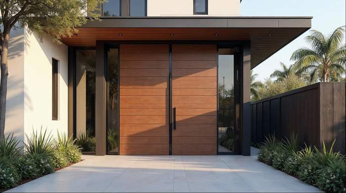 Luxury aluminum pivot door on a Florida high-end home — factory-direct wholesale pricing for contractors and resellers
