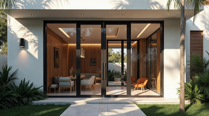Energy efficient aluminum pivot door on a modern Florida luxury home with impact glass and thermal break frame