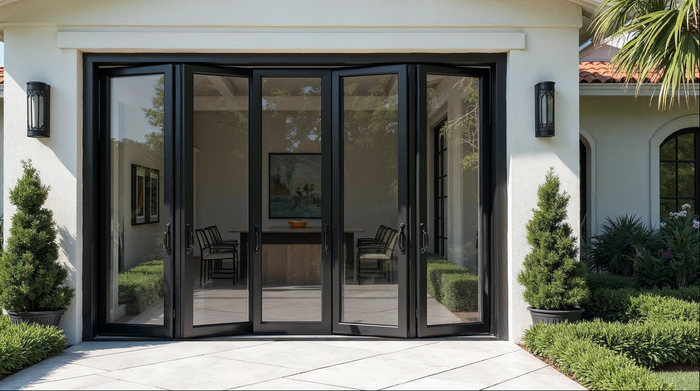 Bifold door glass options on a large 8-panel aluminum bi-fold door system in a Jacksonville Florida home