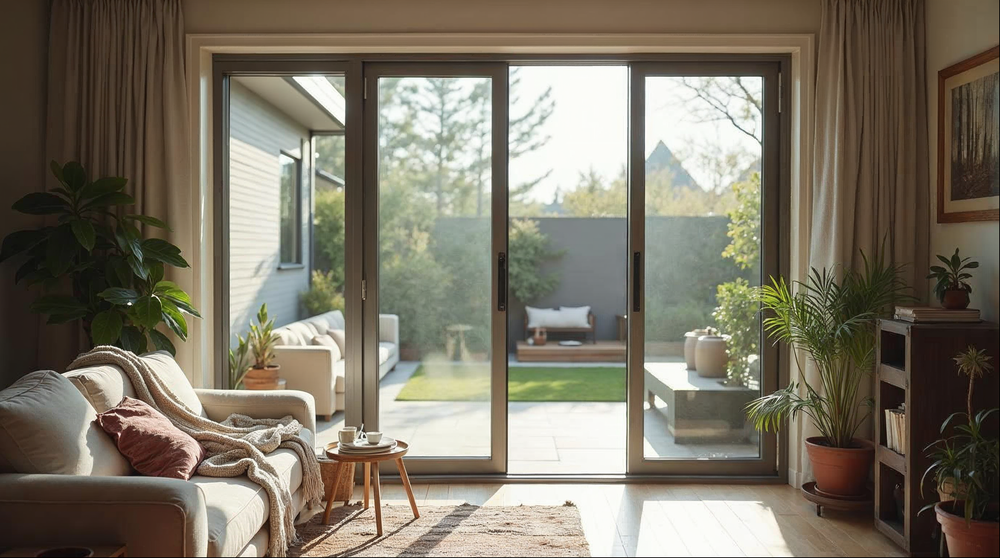 Gladiator aluminum multi-slide glass door open on a modern home patio