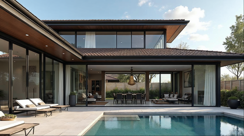 aluminum bifold door cost — 6-panel bifold door open on Florida luxury home