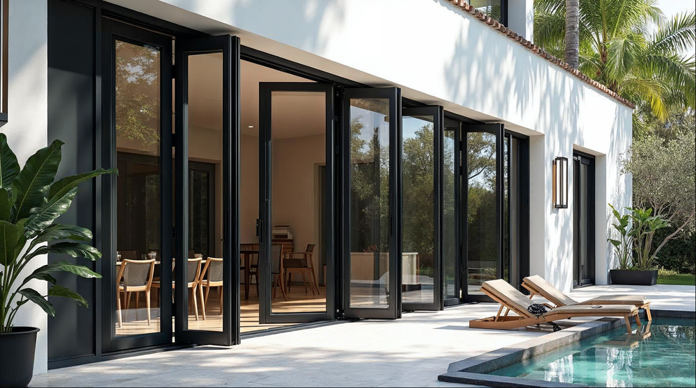 best folding glass wall systems installed in a Florida luxury home — Gladiator bi-fold aluminum doors