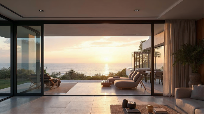 Large sliding glass door in matte black aluminum framing a Florida coastal home pool deck