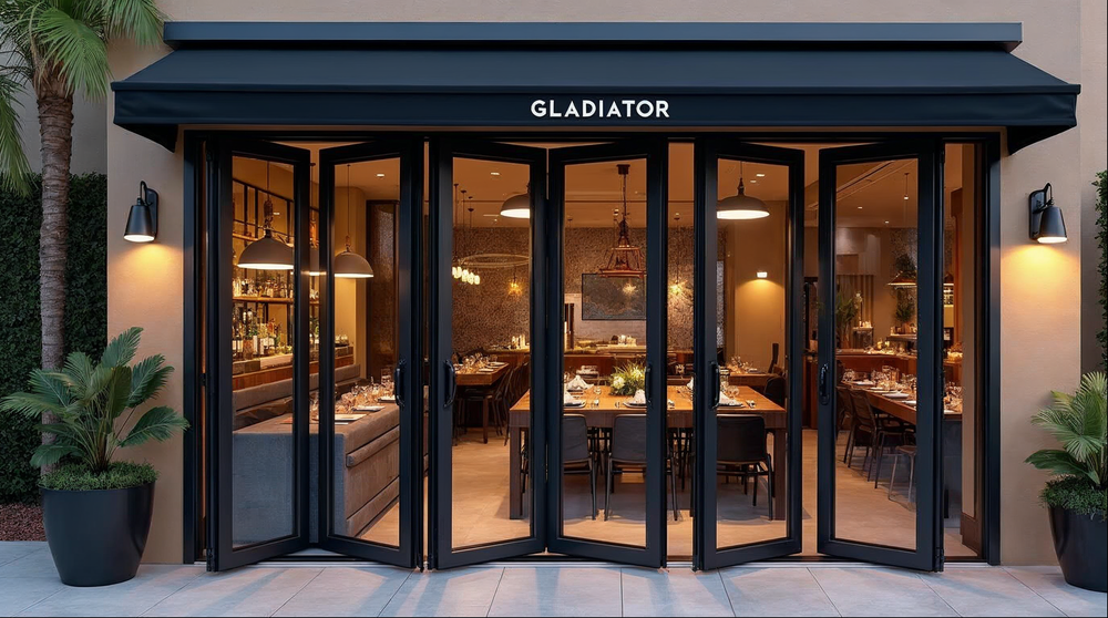 Matte black aluminum folding doors open across a restaurant servery terrace in Florida