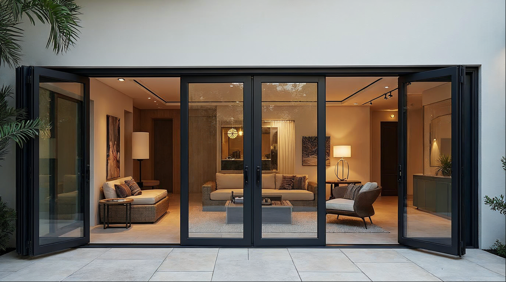 stacking vs pocketing folding doors in matte black aluminum on a Florida luxury home