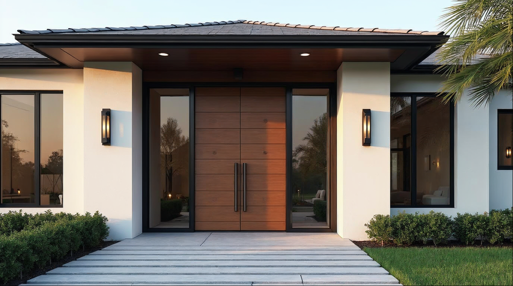 large aluminum pivot door with floor-to-ceiling glass options in a coastal Florida luxury home