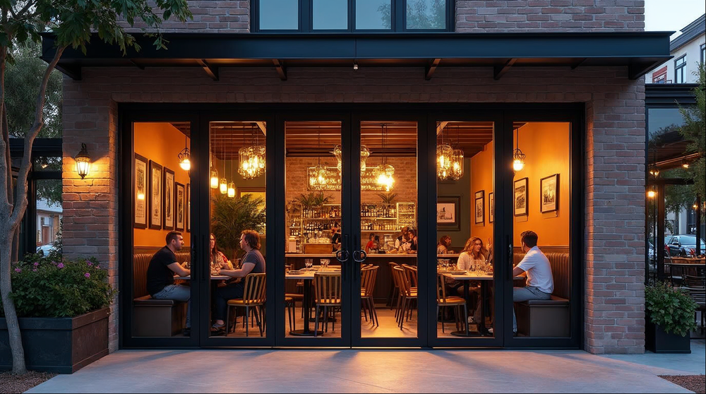 Matte black bi-fold doors fully open on a brewery taproom patio in Florida at evening