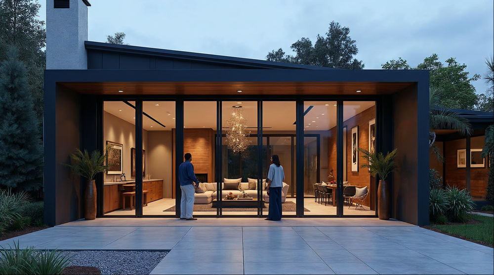 matte black aluminum bi-fold door finishes and colors on a Florida modern estate at dusk