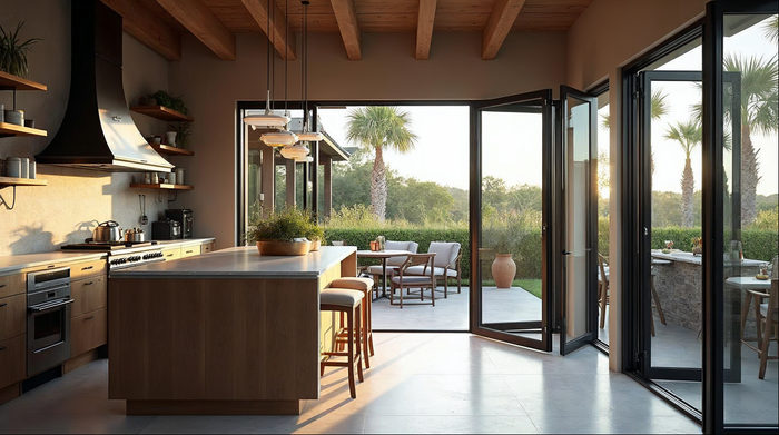 folding passthrough window installation on Florida outdoor kitchen counter in matte black aluminum