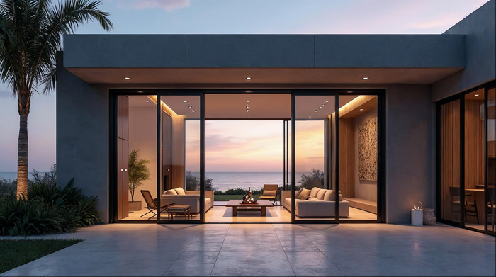 aluminum vs vinyl doors — matte black aluminum sliding glass door in a coastal Florida home
