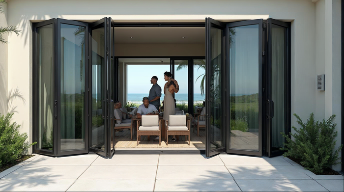 Matte black bifold doors installed in a new construction luxury home in Florida