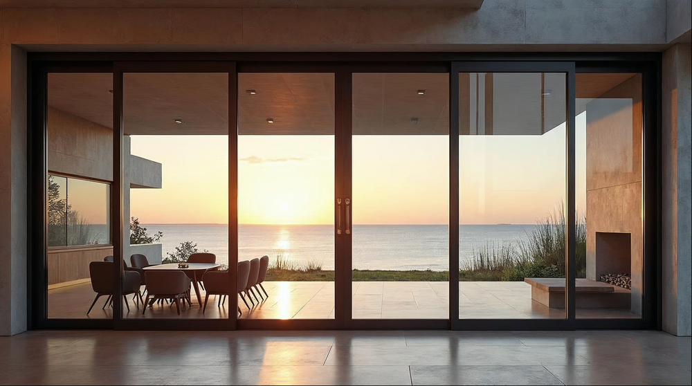 corner sliding door zero post opening on Florida luxury home in matte black aluminum