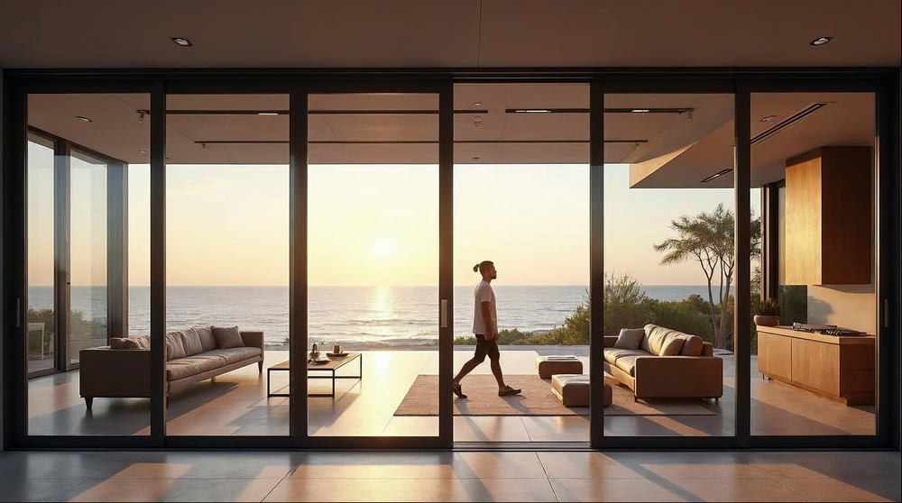 Matte black aluminum sliding glass door open to a Florida coastal outdoor living space