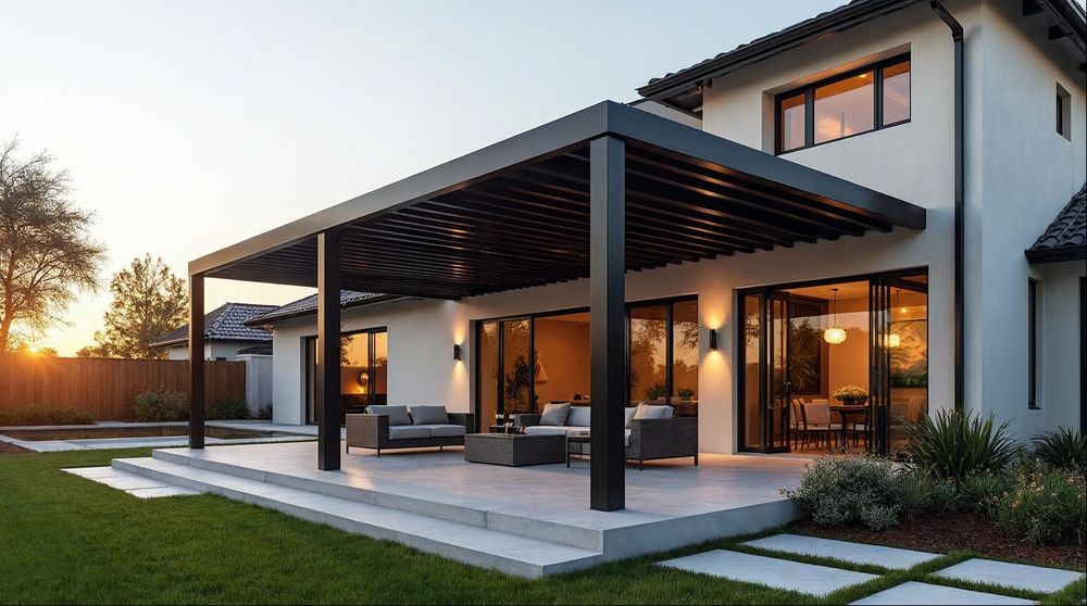 Aluminum louvered pergola installed on Jacksonville Florida luxury home patio