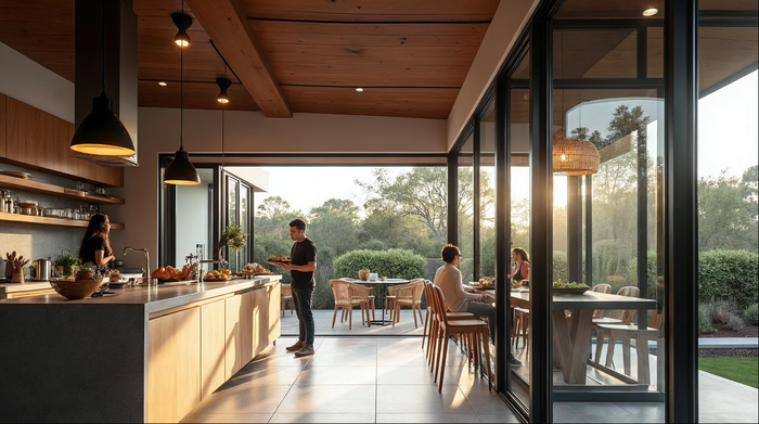 folding servery window open over outdoor kitchen counter in Florida home