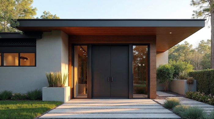 Oversized matte black pivot door opening to outdoor living space in a Jacksonville Florida luxury home