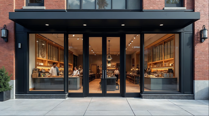 commercial storefront installation on a Jacksonville retail building with matte black aluminum framing and double entry doors