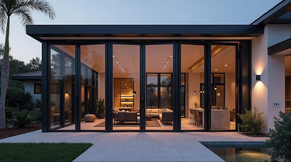 large bi-fold door system on Florida luxury home showing door freight crating scale