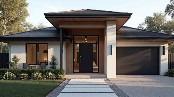 Matte black aluminum pivot door on a Jacksonville luxury home — engineered to avoid common pivot door problems