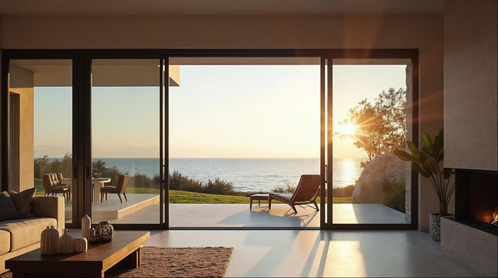 slim-frame aluminum sliding glass door open to a coastal Florida patio