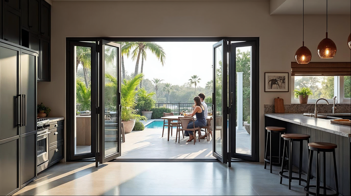 Folding passthrough window above outdoor kitchen counter for indoor-outdoor kitchen design in Florida home
