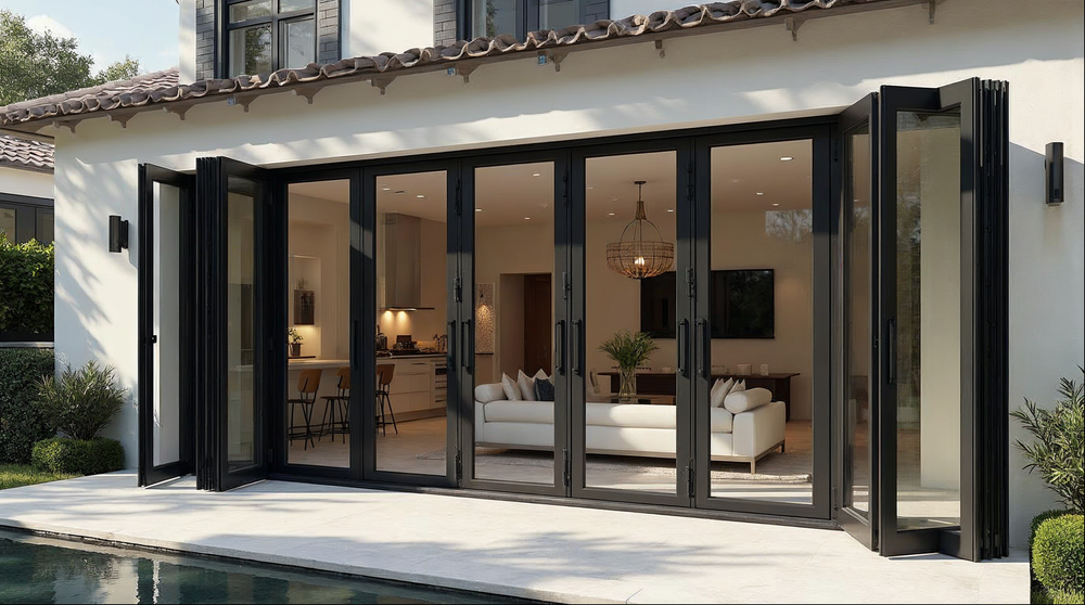 thermally broken aluminum bi-fold doors open to outdoor living space in Florida luxury home