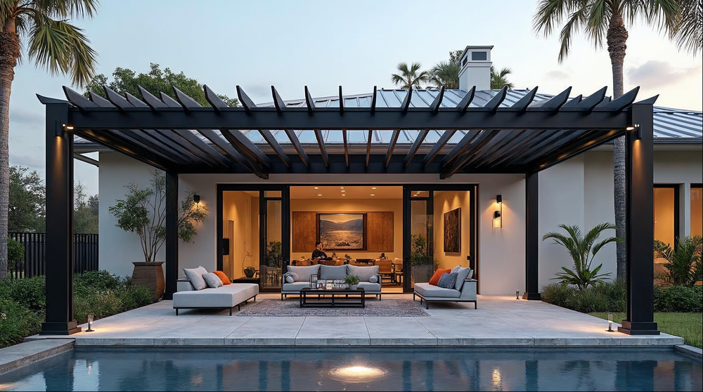 Aluminum pergola engineered for Florida wind load requirements on a Jacksonville coastal home