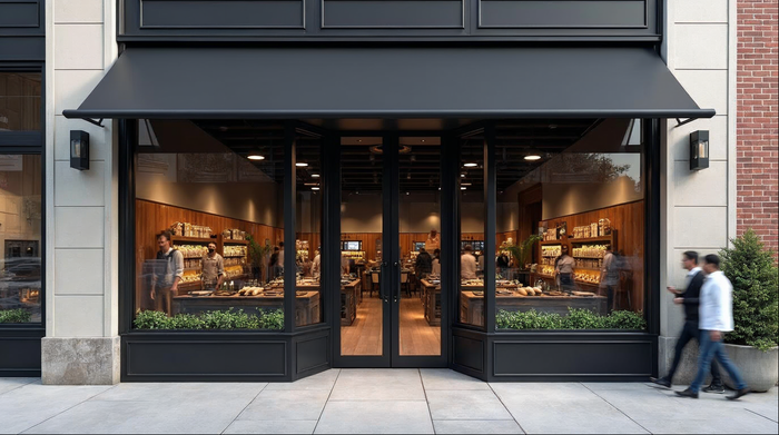 matte black commercial storefront glass system with double entry sidelites and transom on a modern Florida commercial building